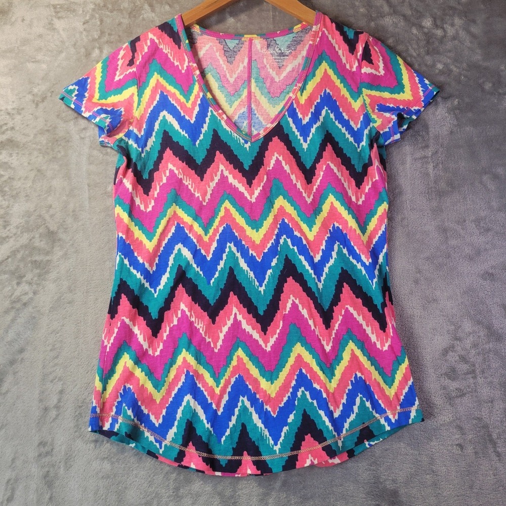 Lilly Pulitzer‎ Womens XS Pima Cotton V-Neck Chevron Zigzag T-Shirt Multi-Color